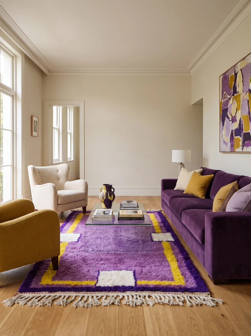 Tapis berbère graphique violet et jaune - Tamghra