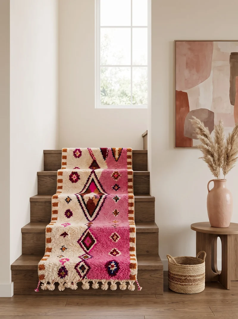 Tapis d'escalier berbère style Boujad rose et blanc - Mazigh