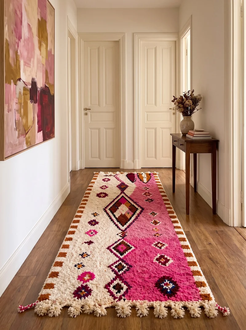 Tapis de couloir berbère style Boujad rose et blanc - Mazigh